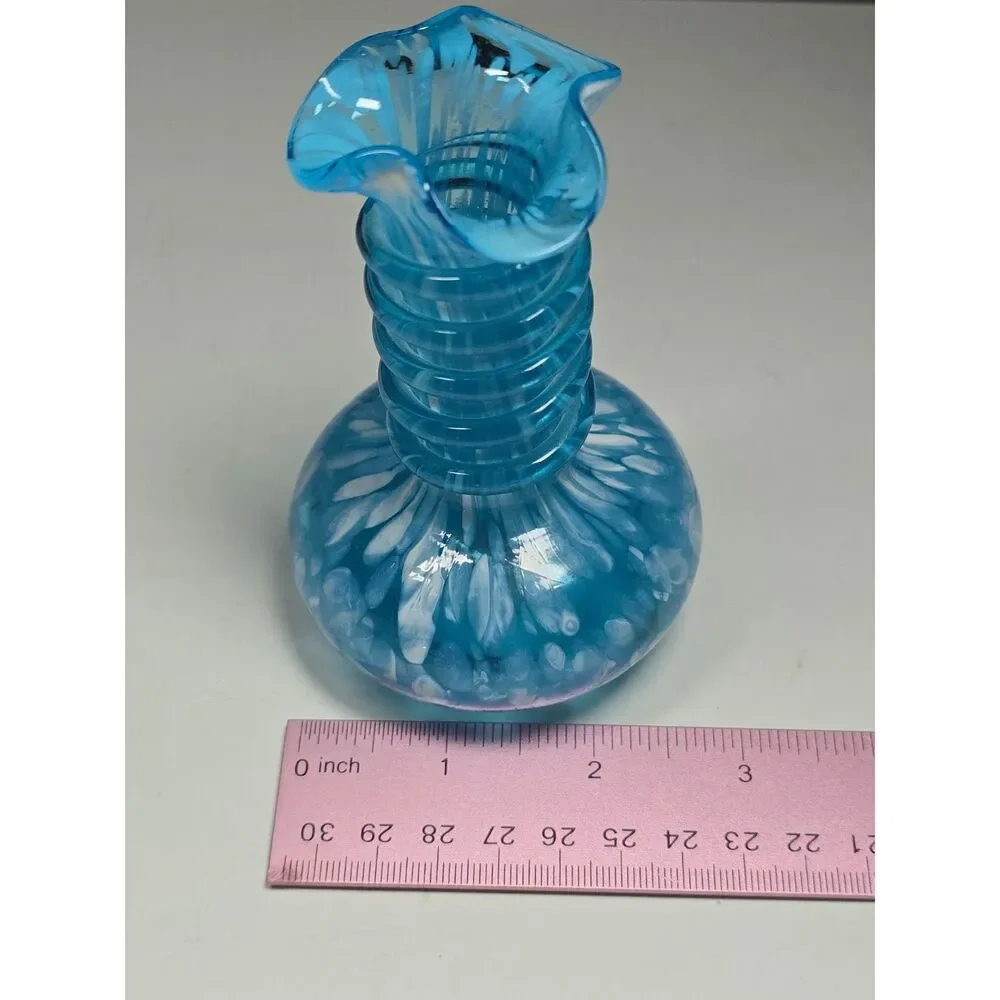 Vtg. Blue White Spatter Art Glass Bud Vase Applied Glass Wrap Hand Blown Ruffle